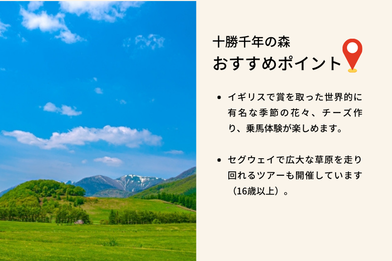十勝千年の森 おすすめポイント、イギリスで賞を取った世界的に有名な季節の花々、チーズ作り、乗馬体験が楽しめます。セグウェイで広大な草原を走り回れるツアーも開催しています(16歳以上)。