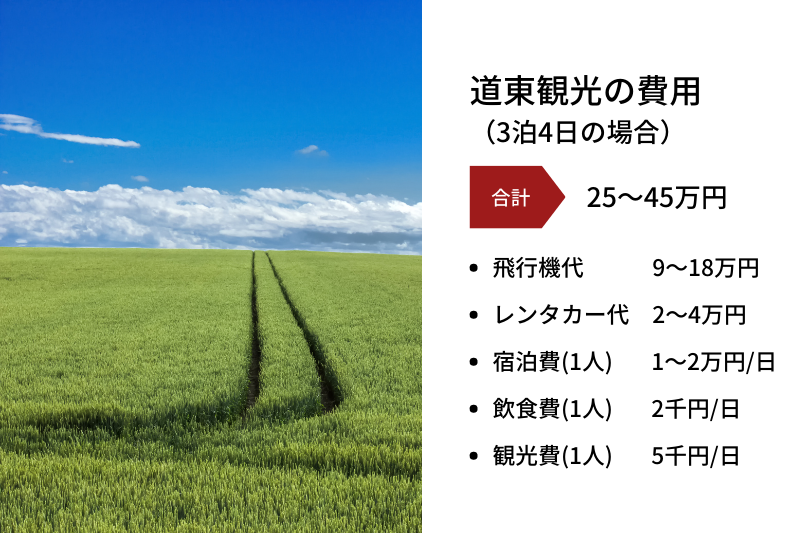 ① 飛行機代 東京からの往復航空券は、大人1人あたり約3万円~6万円程度(子供は半額程度)で、家族3人の航空券は約9万円~18万円となります。 ② レンタカー代(道東地方で4日間レンタカーを利用) 費用は約2万円~4万円程度となります。知床第一ホテルのように、宿泊者へのレンタカー割引を提供する施設を使うとお得に借りられます。 ③宿泊費(家族旅行で人気の温泉旅館・ホテル等) 一泊あたり大人1万円~2万円程度(子供は半額程度)となります。 ④食事費(宿泊先で朝食・夕食が提供される場合) 昼食+軽食で、大人一人当たりの1日の食費は大体2千円(子供は半額程度)となります。 ⑤観光費用(入場料や体験料など) ツアーの利用などを考える場合、大人一人当たり大体5千円(子供は半額程度)〜となります。